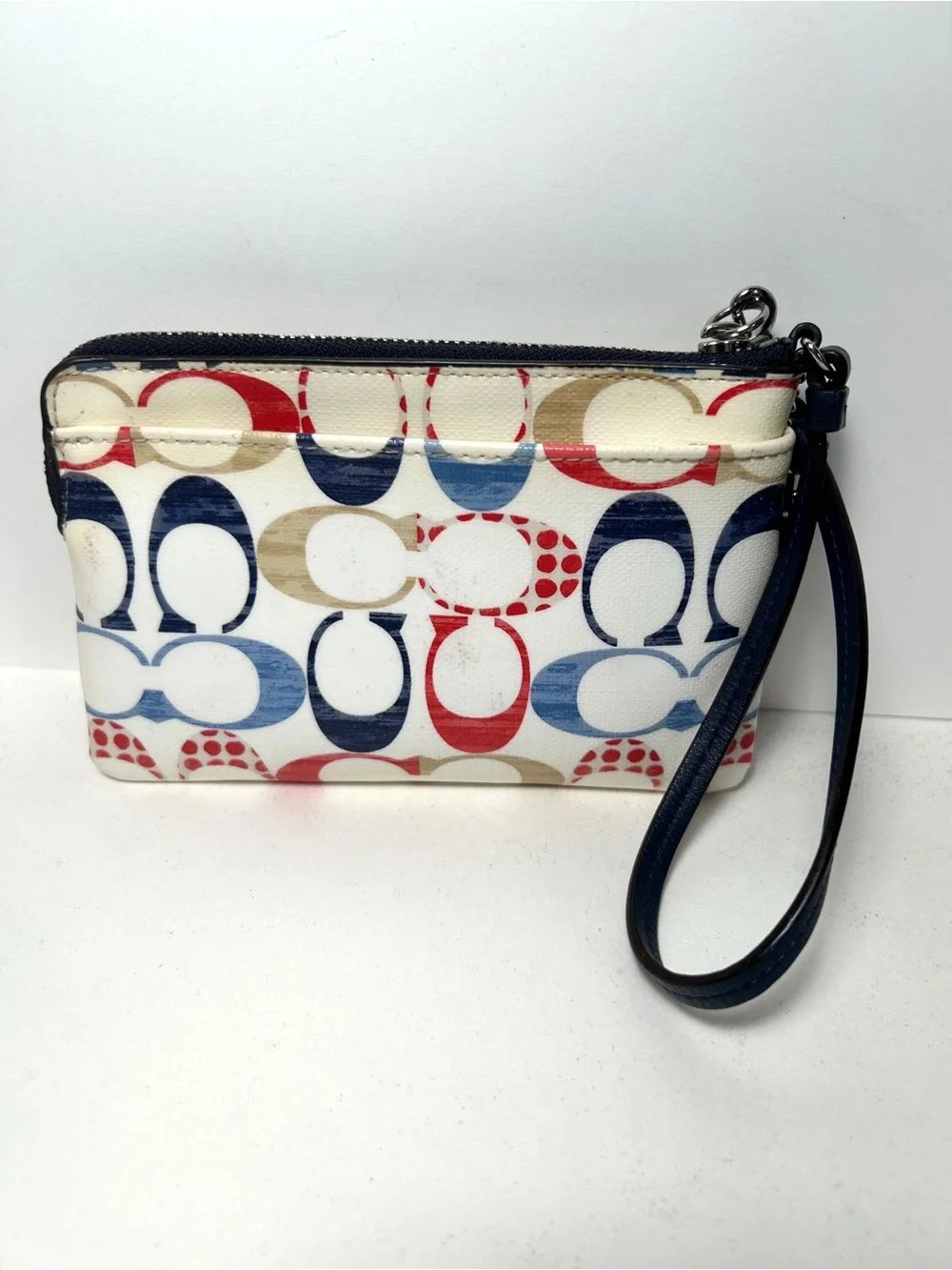 Coach Bleecker Signature C Print Wristlet in Red, Navy, Beige with Hang Tag, EUC